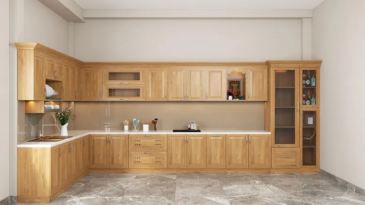 Mẫu tủ bếp chữ L gỗ tự nhiên kiểu vintage Mẫu tủ bếp chữ L gỗ tự nhiên kiểu vintage