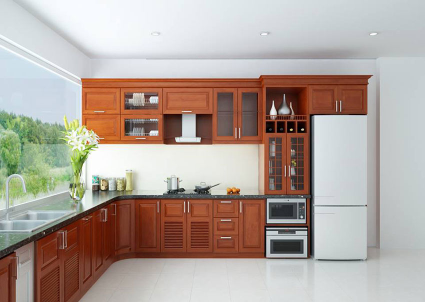 Mẫu tủ bếp chữ L gỗ tự nhiên nhà biệt thự Mẫu tủ bếp chữ L gỗ tự nhiên nhà biệt thự