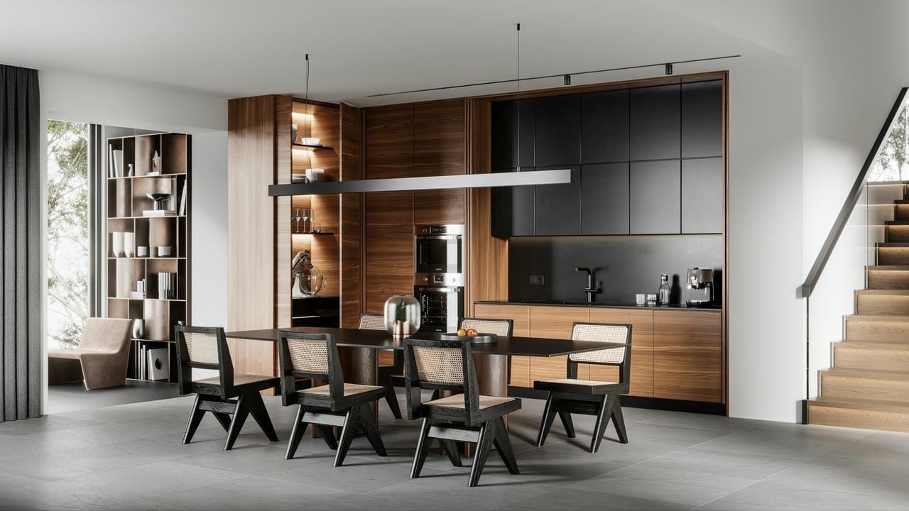 Mẫu tủ bếp chữ L kết hợp với tủ trang trí