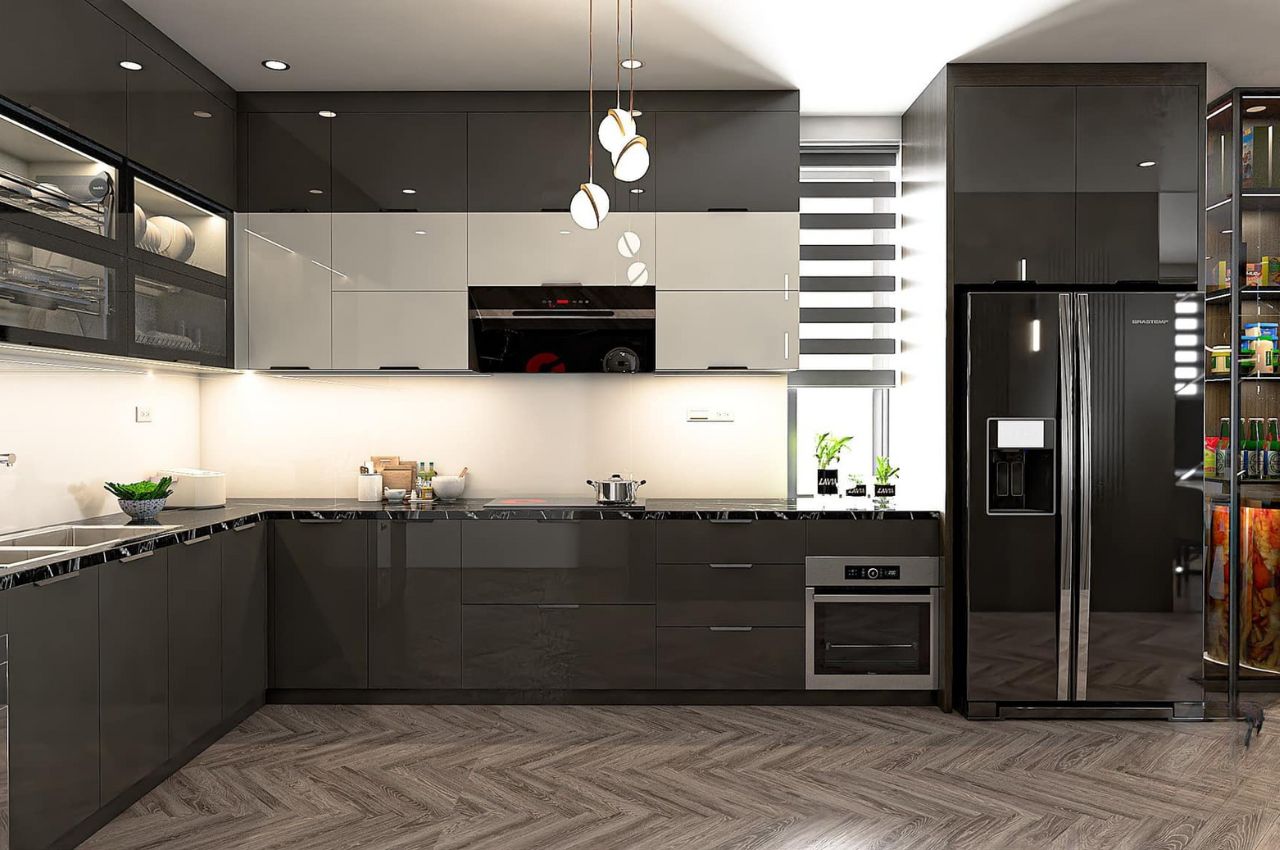 Mẫu tủ bếp đẹp hình chữ L tone xám