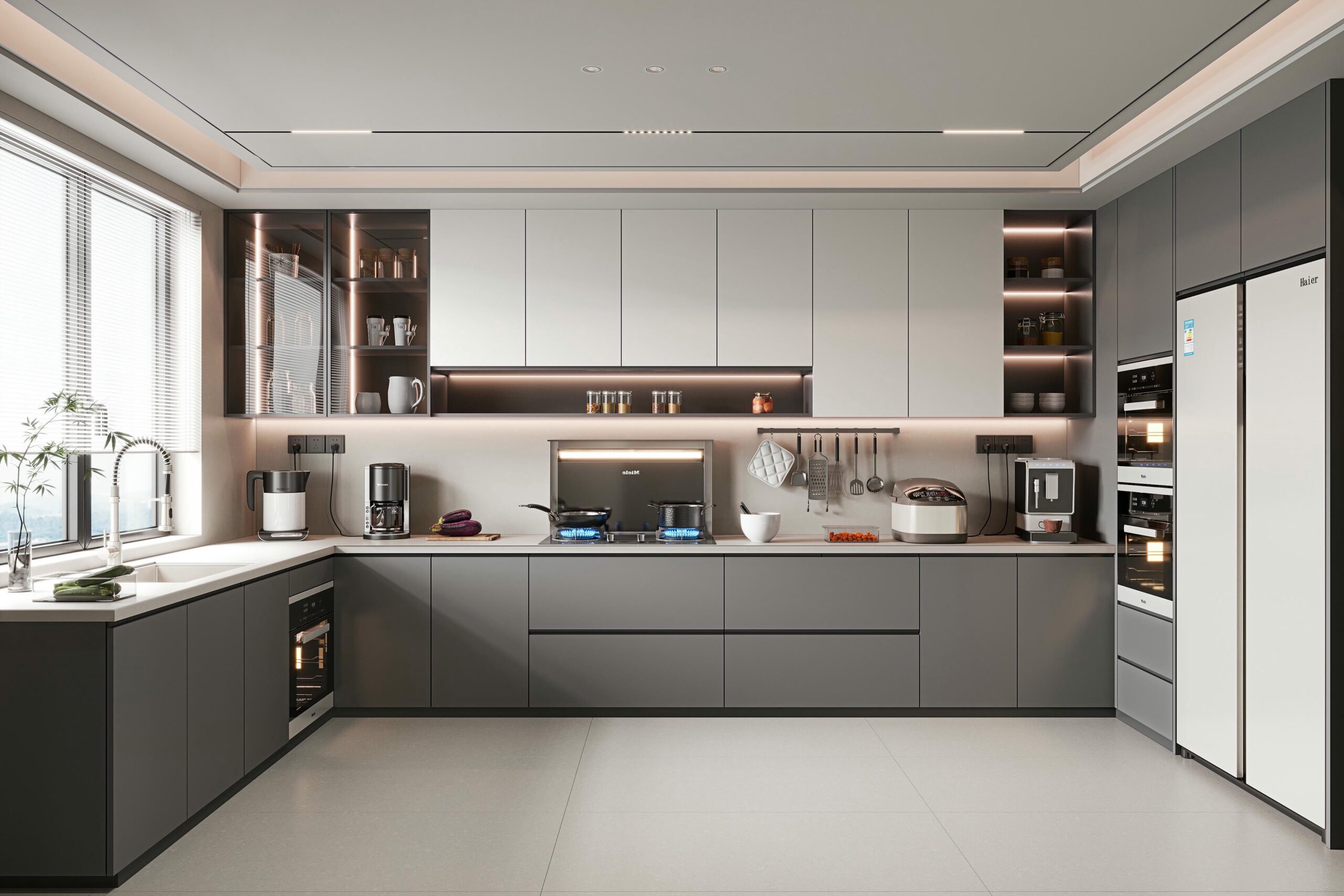 Mẫu tủ bếp gỗ công nghiệp acrylic màu xám hiện đại Mẫu tủ bếp gỗ công nghiệp acrylic màu xám hiện đại