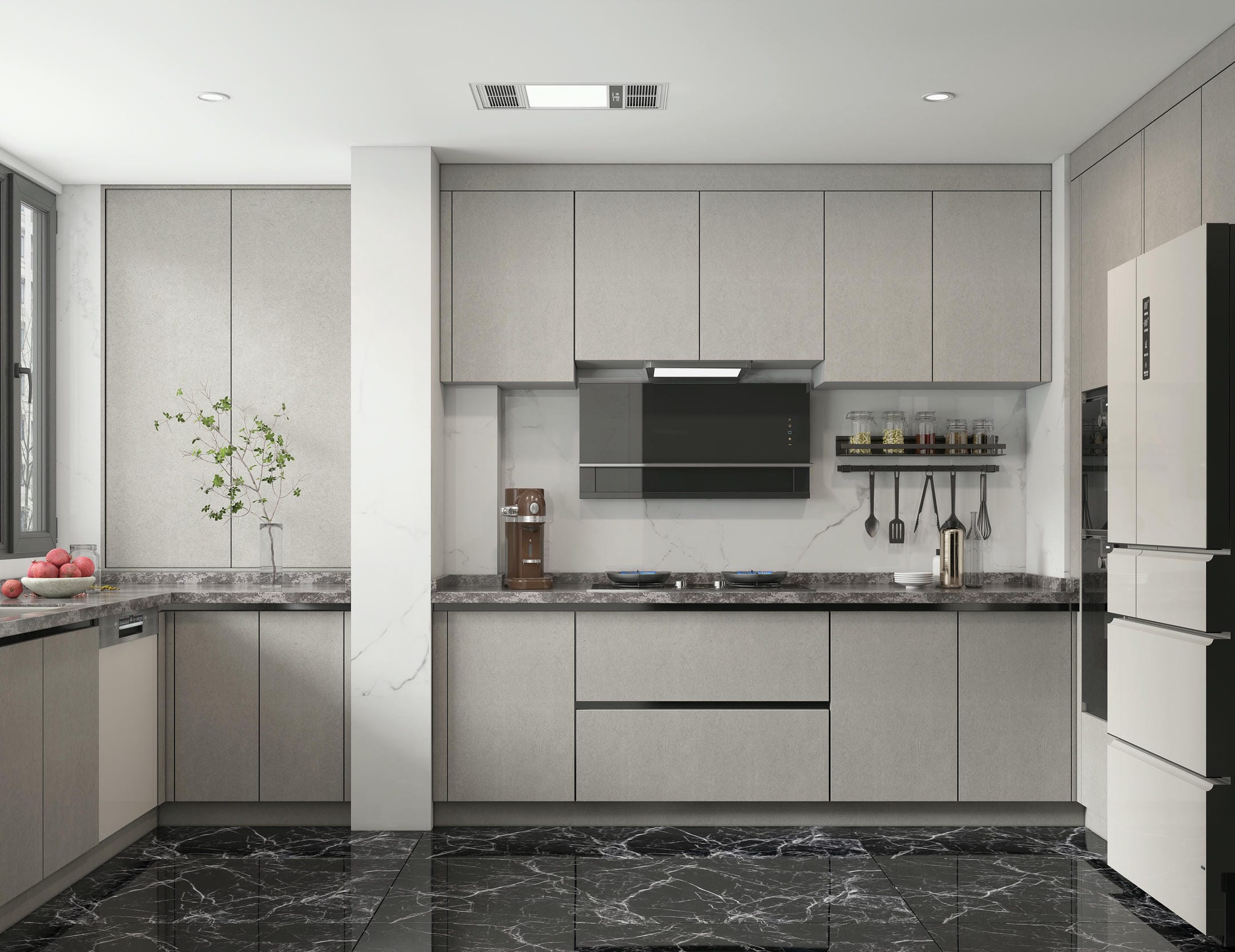 Mẫu tủ bếp gỗ công nghiệp chữ L tone xám