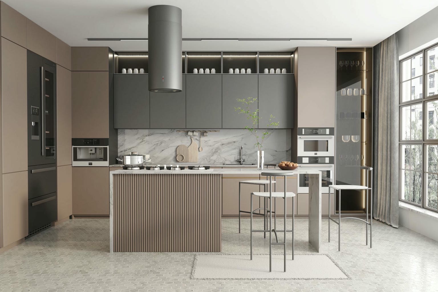 Mẫu tủ bếp gỗ công nghiệp đẹp kết hợp đảo bếp hiện đại