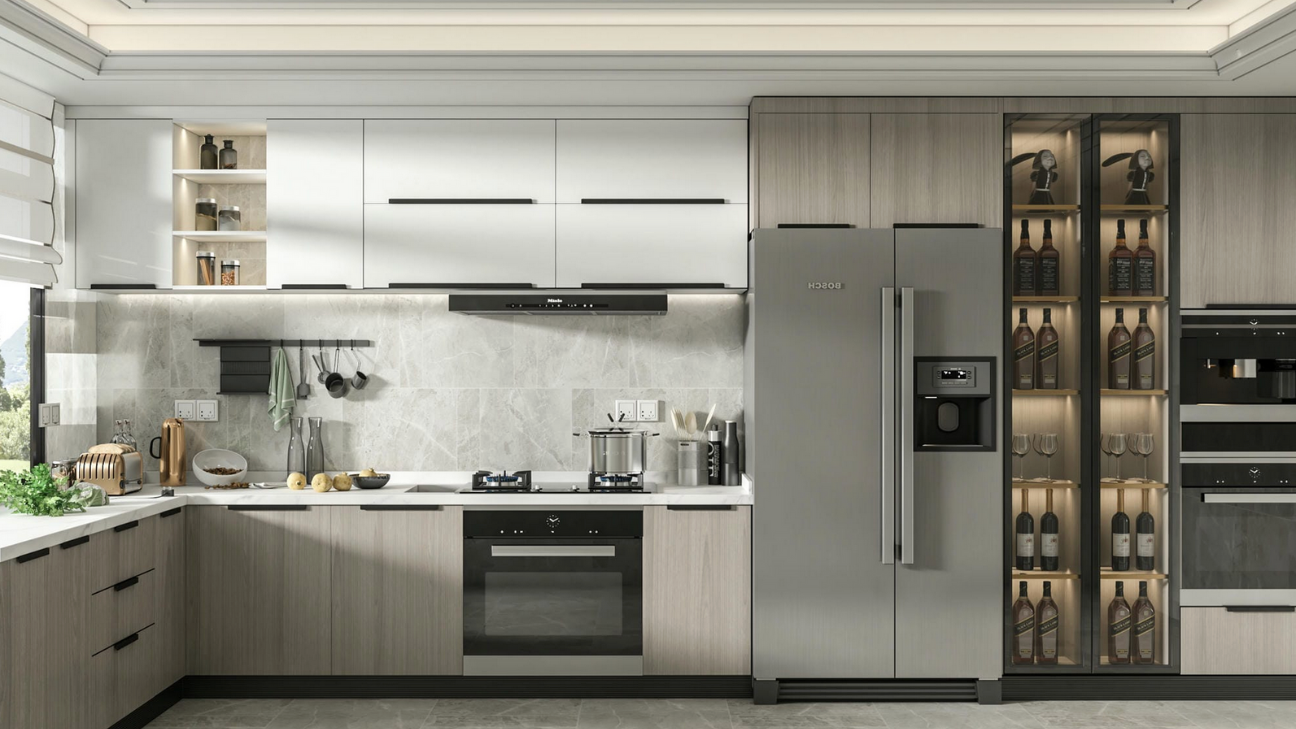 Mẫu tủ bếp gỗ công nghiệp phủ melamine vân gỗ Mẫu tủ bếp gỗ công nghiệp phủ melamine vân gỗ
