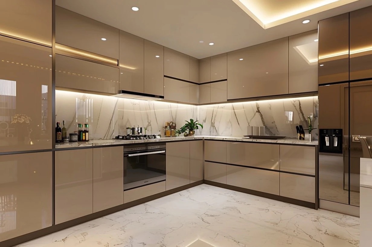 Mẫu tủ bếp hình chữ L nhôm kính đẹp kiểu Châu Âu