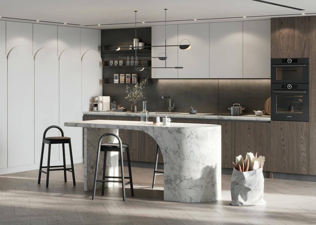 Mẫu tủ bếp ván công nghiệp kết hợp quầy bar hiện đại Mẫu tủ bếp ván công nghiệp kết hợp quầy bar hiện đại