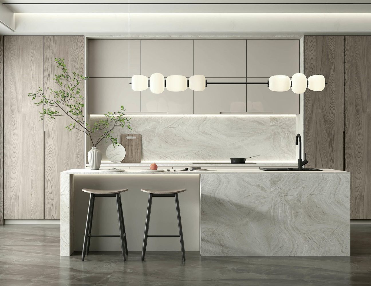 Một thiết kế bếp chữ I dài 5m có tỷ lệ chuẩn