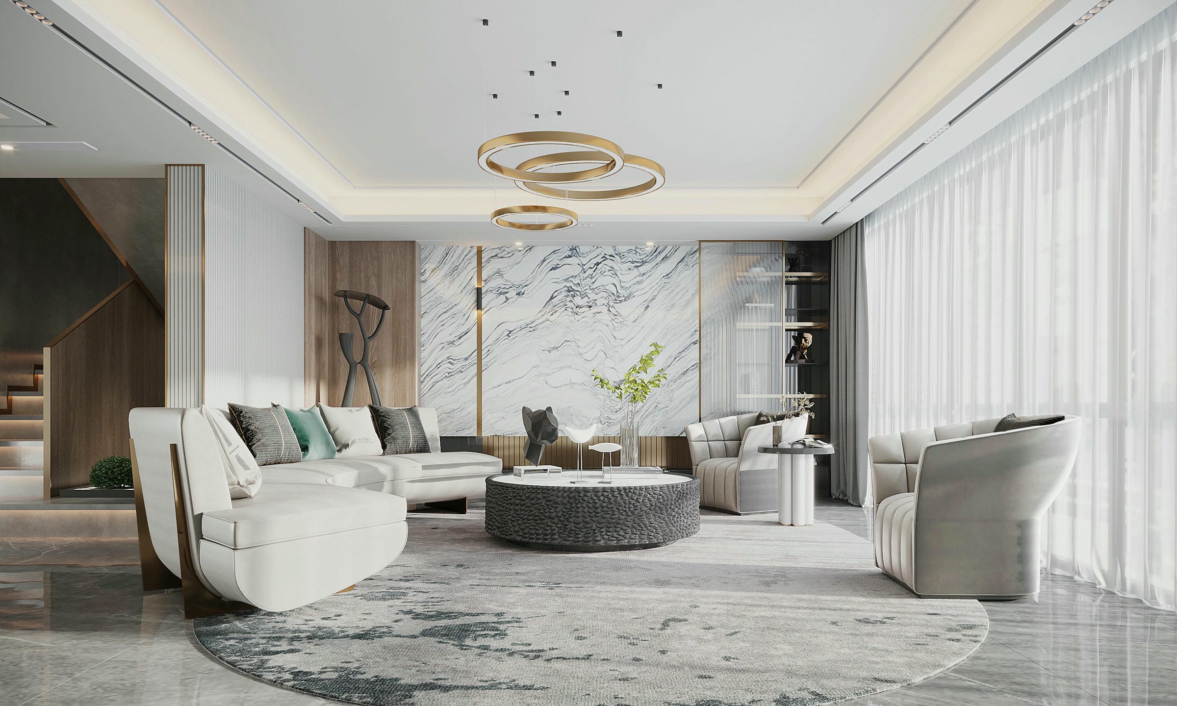 Phối màu gạch ốp tường cho phòng khách lớn