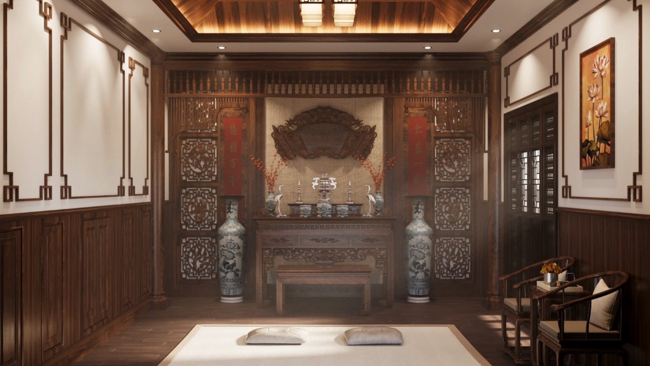 Phòng khách kết hợp phòng thờ sang trọng Phòng khách kết hợp phòng thờ sang trọng