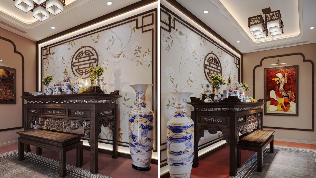 Phòng thờ gỗ đẹp kết hợp đèn led tạo không gian linh thiêng Phòng thờ gỗ đẹp kết hợp đèn led tạo không gian linh thiêng