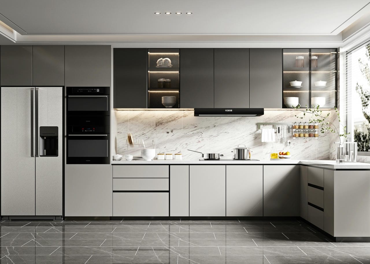 Thiết kế bếp chữ L có tủ  lạnh ở đầu cạnh dài