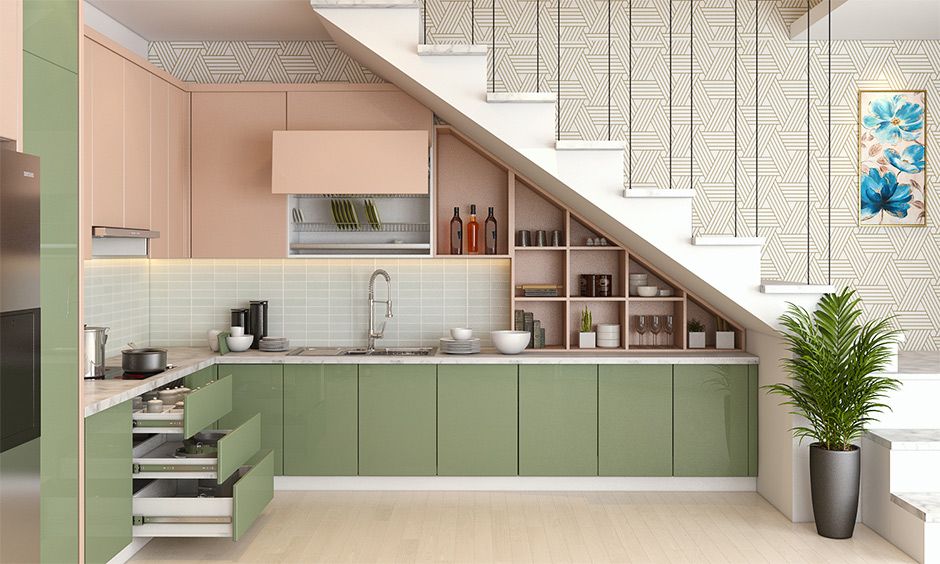 Thiết kế bếp chữ L dưới gầm cầu thang Thiết kế bếp chữ L dưới gầm cầu thang