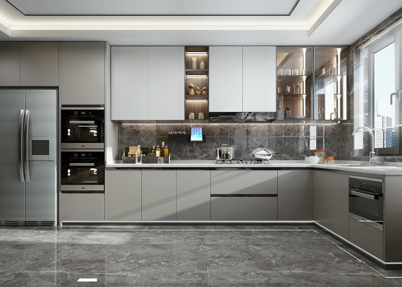 Thiết kế tủ bếp chữ L đơn giản phong cách tân cổ điển