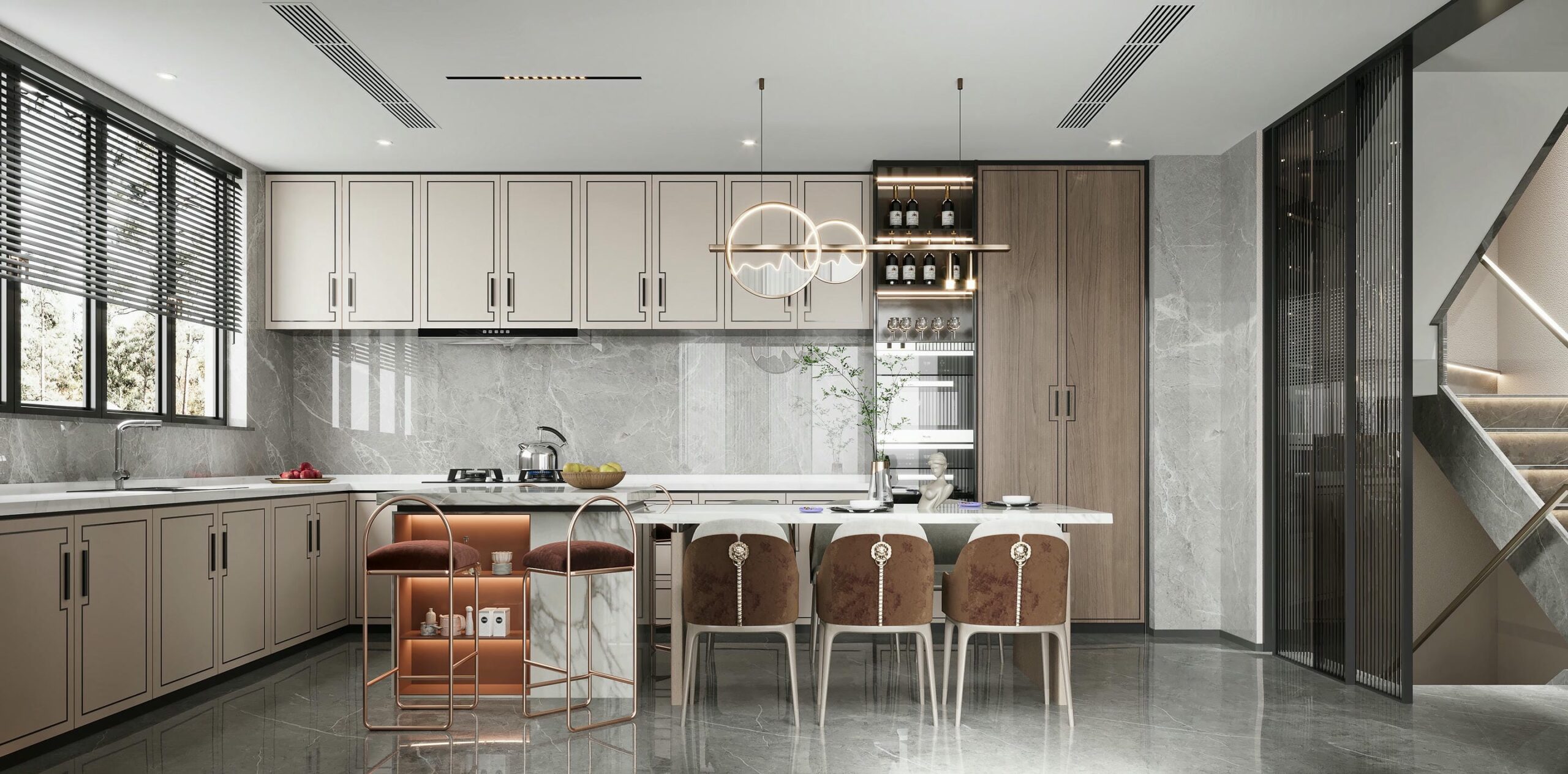 Thiết kế tủ bếp chữ L kết hợp bàn ăn Thiết kế tủ bếp chữ L kết hợp bàn ăn