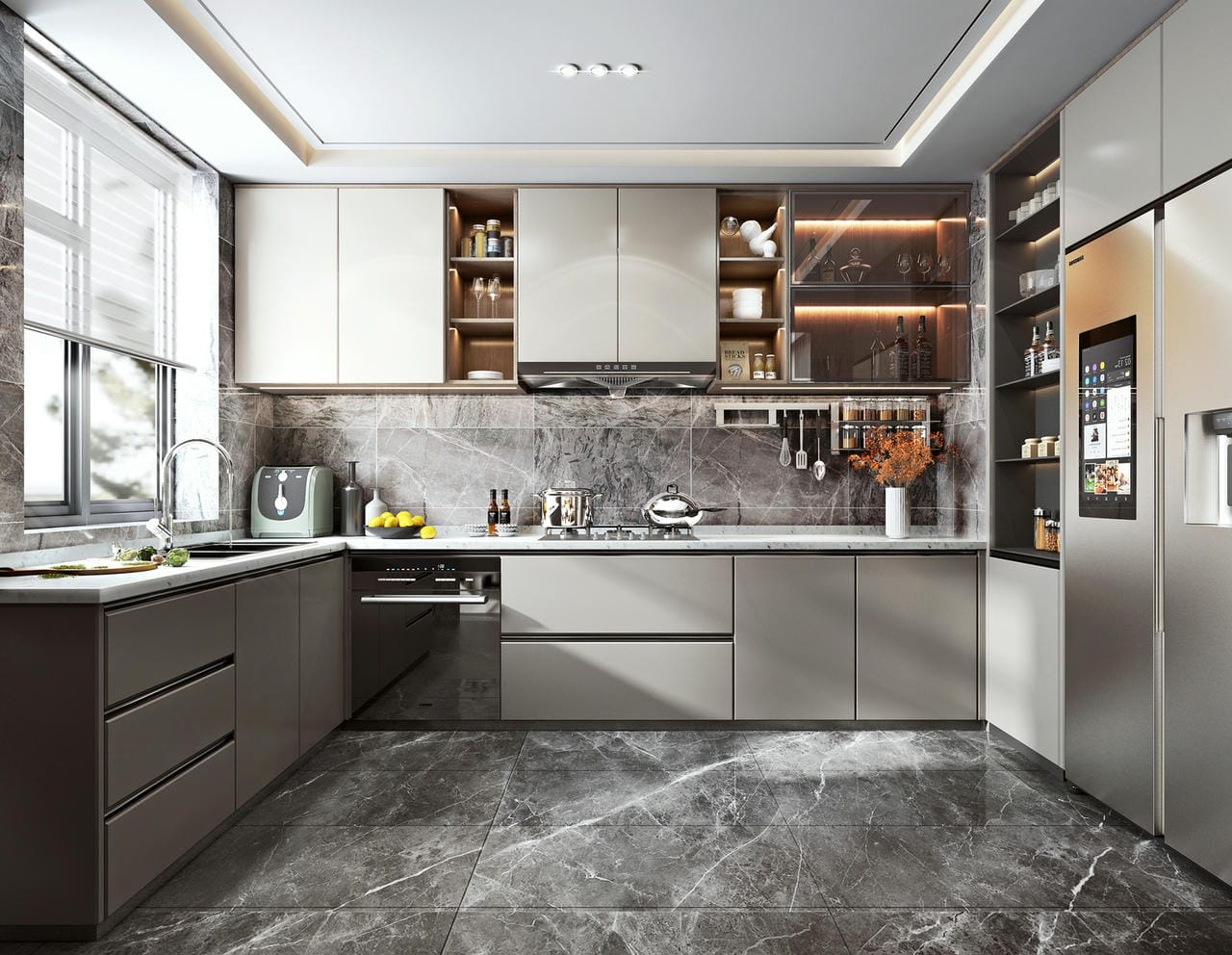 Thiết kế tủ bếp chữ L tone xám Thiết kế tủ bếp chữ L tone xám