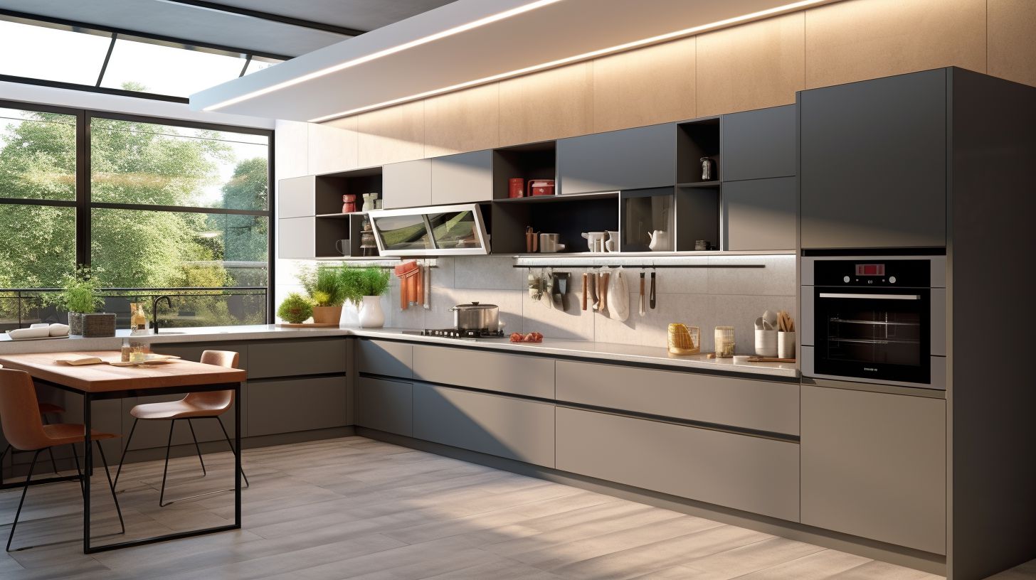 Tủ bếp acrylic chữ L màu ghi có bàn ăn
