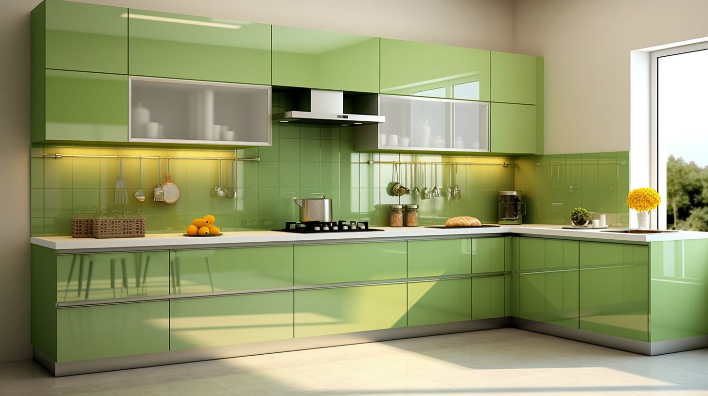 Tủ bếp acrylic chữ L màu xanh lá