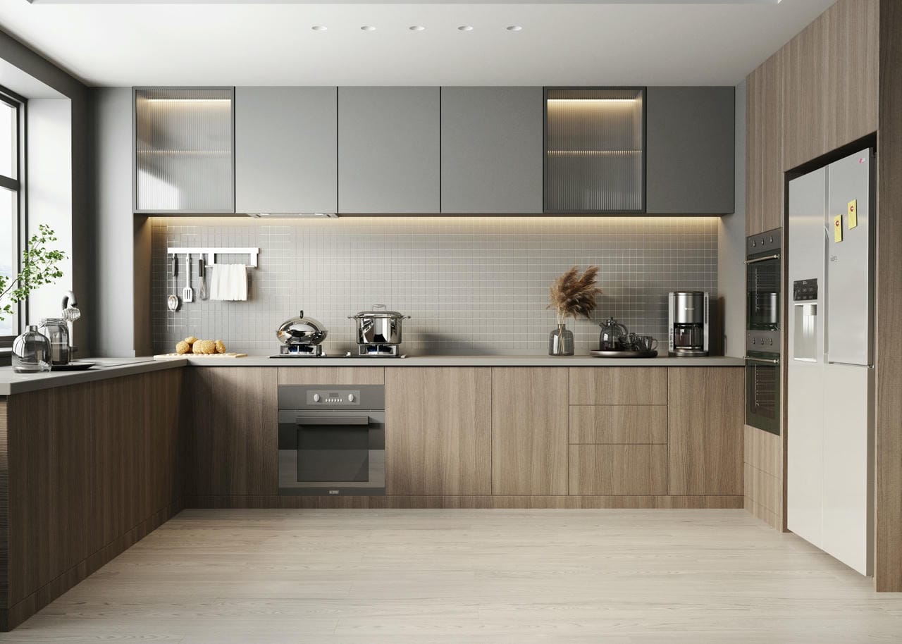 Tủ bếp chữ L đơn giản bằng gỗ