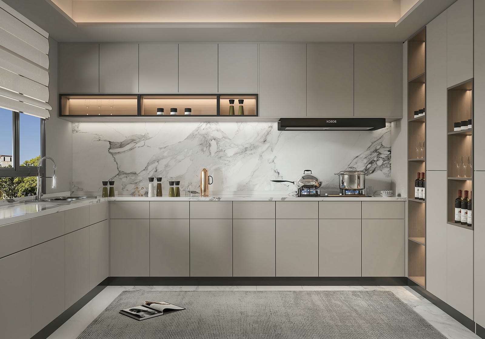 Tủ bếp chữ L đơn giản cho nhà 2 tầng