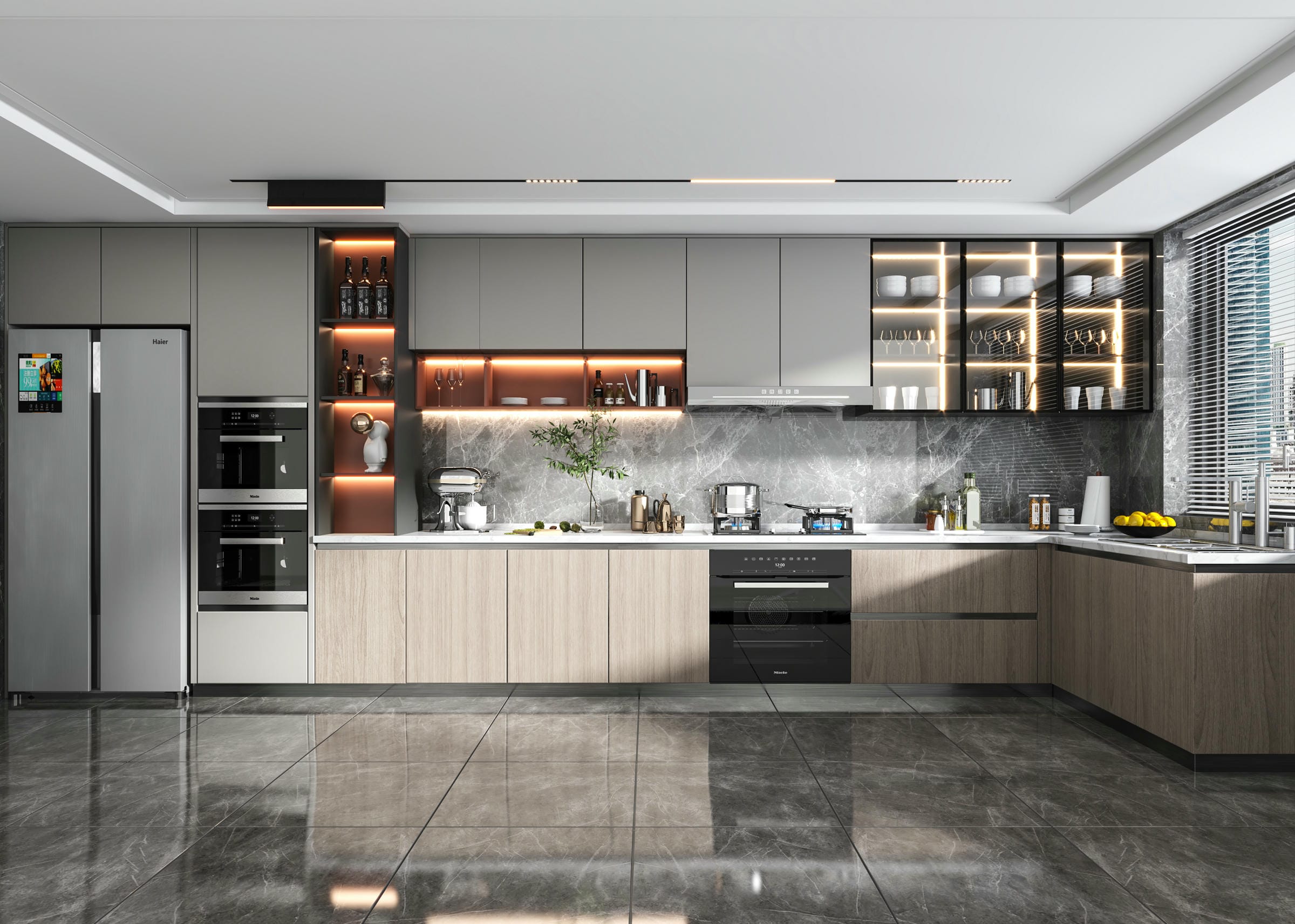 Tủ bếp chữ L được thiết kế có không gian mở Tủ bếp chữ L được thiết kế có không gian mở