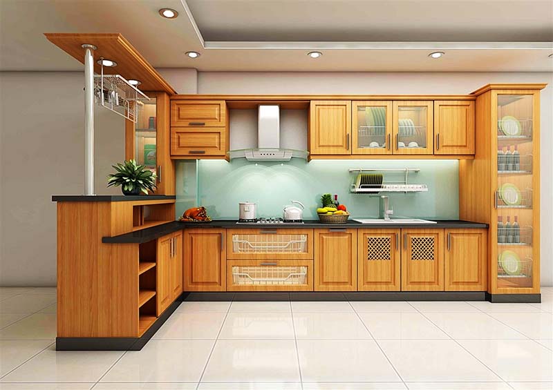 Tủ bếp chữ L gỗ tự nhiên cho nhà cấp 4 Tủ bếp chữ L gỗ tự nhiên cho nhà cấp 4