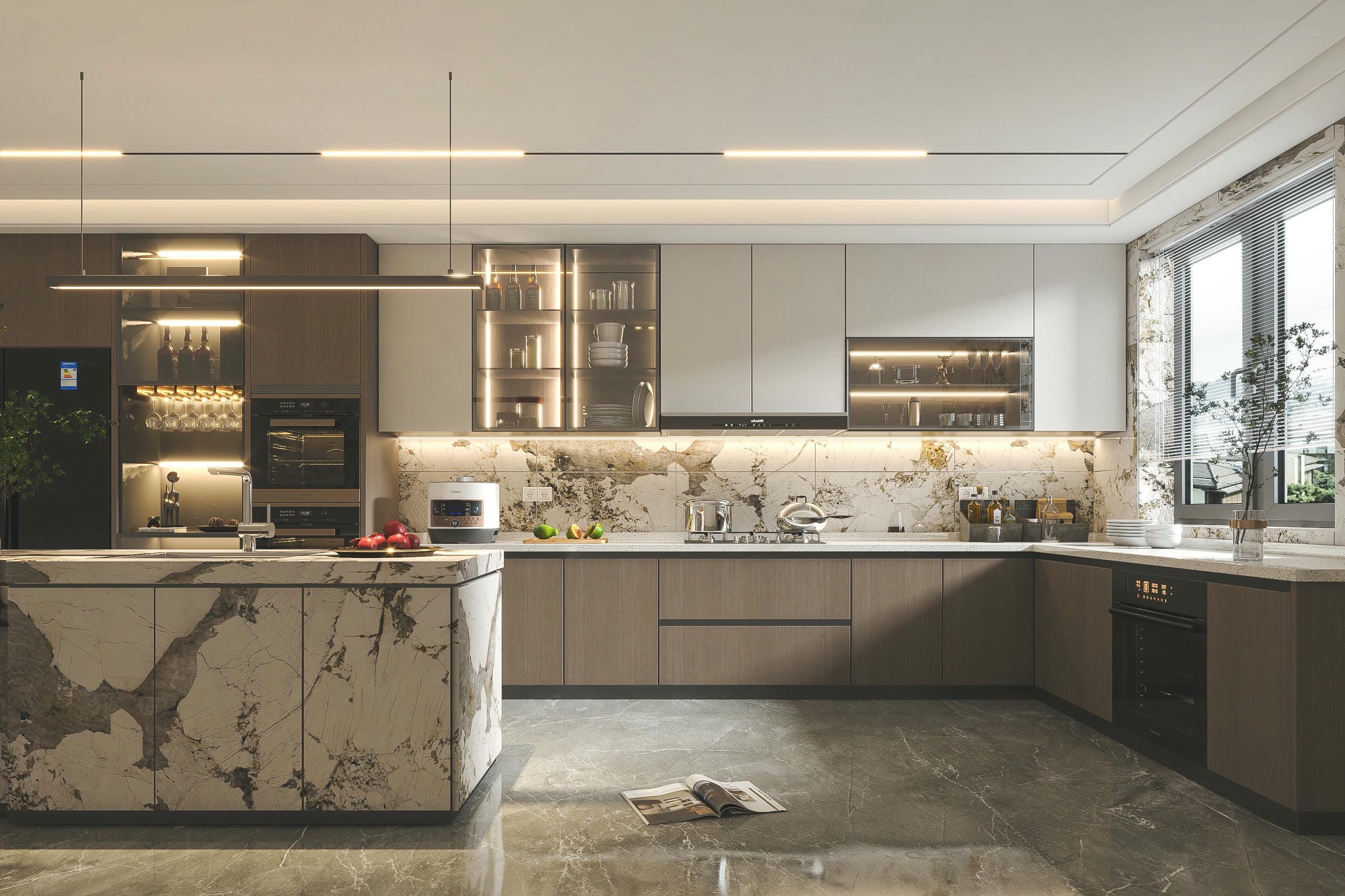 Tủ bếp gỗ công nghiệp acrylic có bàn đảo marble Tủ bếp gỗ công nghiệp acrylic có bàn đảo marble
