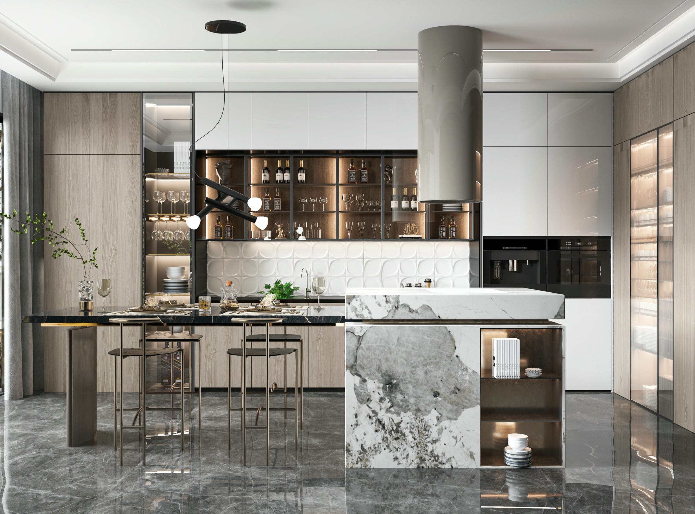 Tủ bếp gỗ công nghiệp acrylic có đảo bếp đa chức năng Tủ bếp gỗ công nghiệp acrylic có đảo bếp đa chức năng