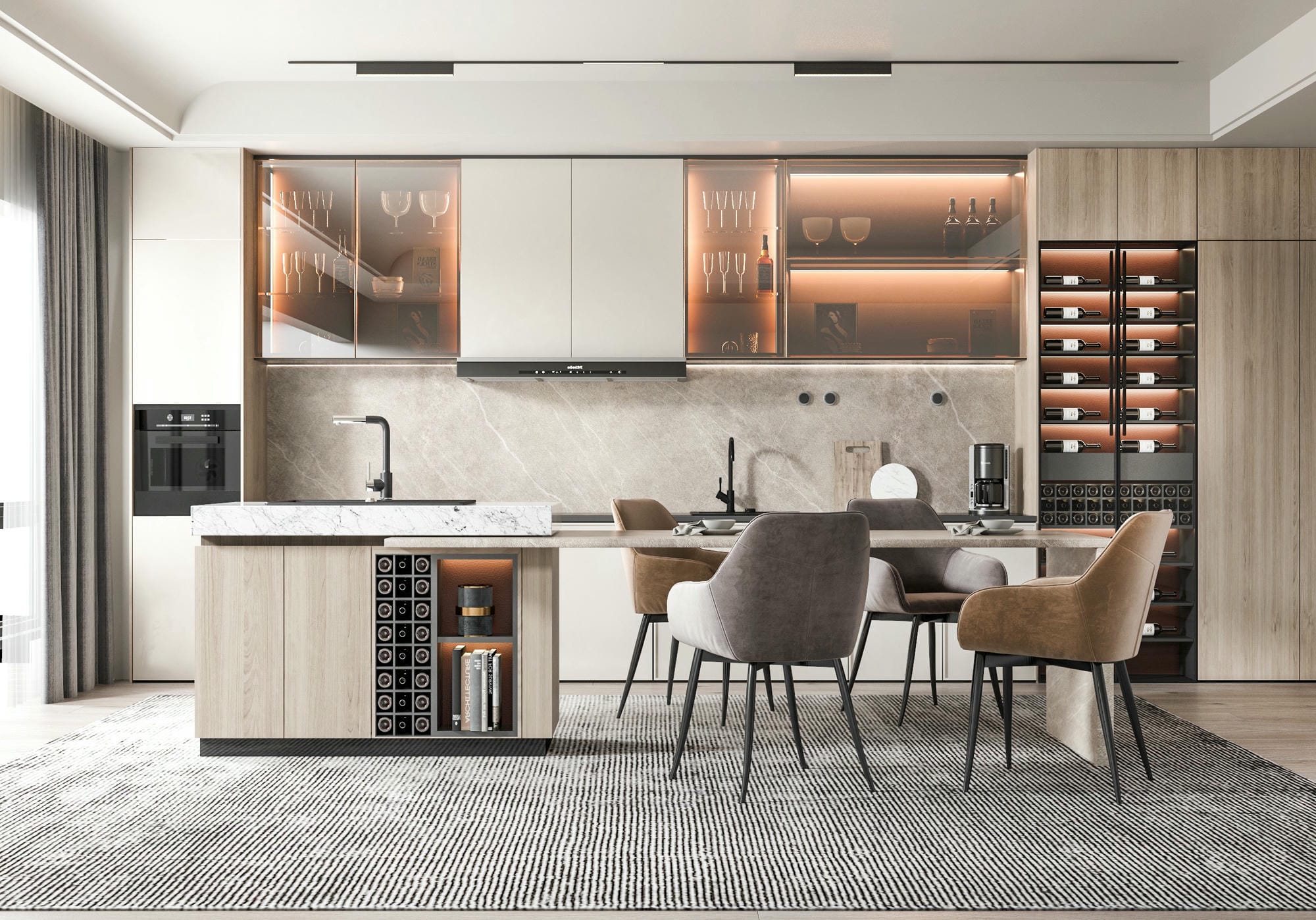 Tủ bếp gỗ công nghiệp acrylic kết hợp quầy bar hiện đại Tủ bếp gỗ công nghiệp acrylic kết hợp quầy bar hiện đại