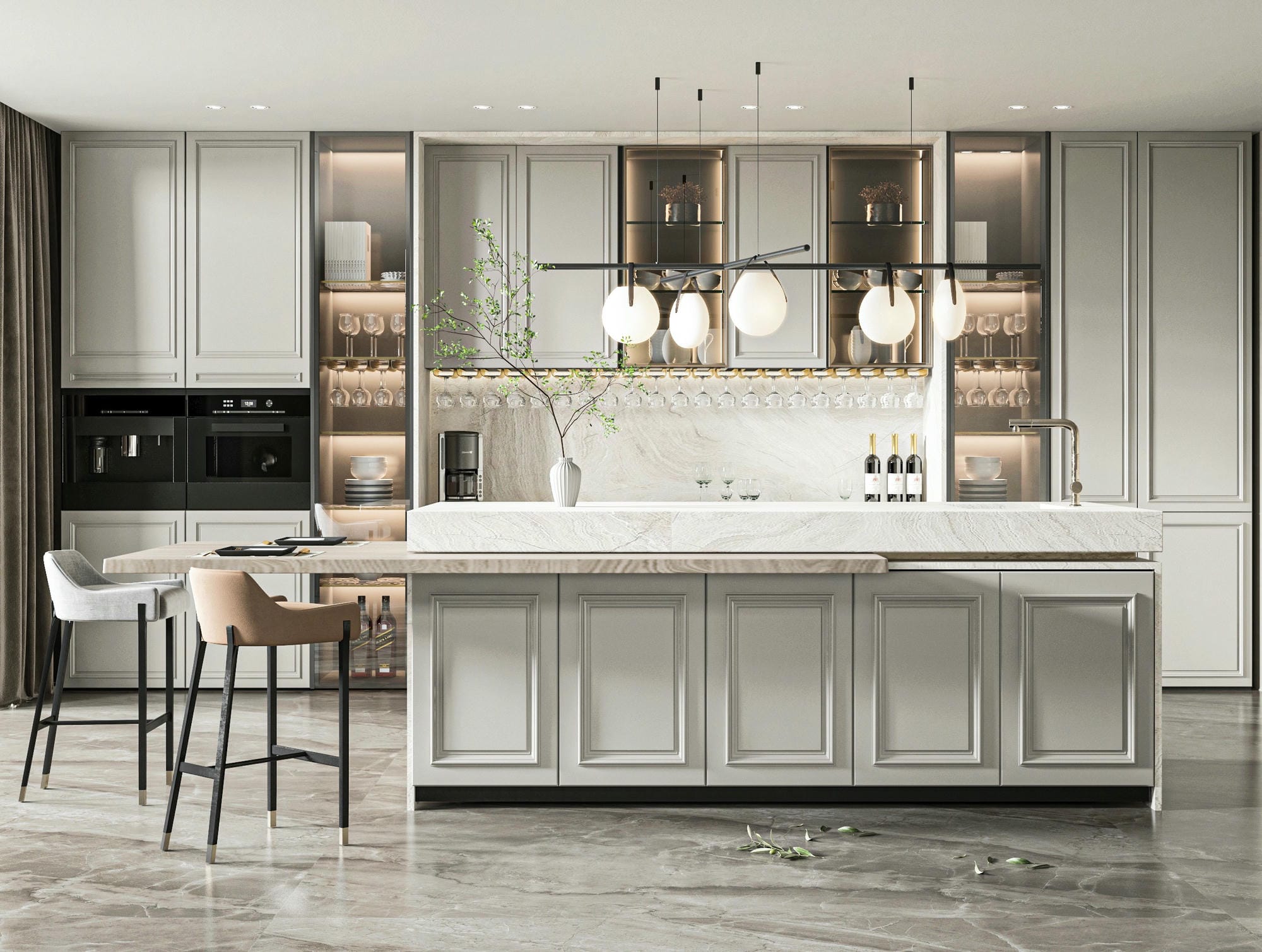 Tủ bếp gỗ công nghiệp chữ I phong cách châu Âu cổ điển Tủ bếp gỗ công nghiệp chữ I phong cách châu Âu cổ điển