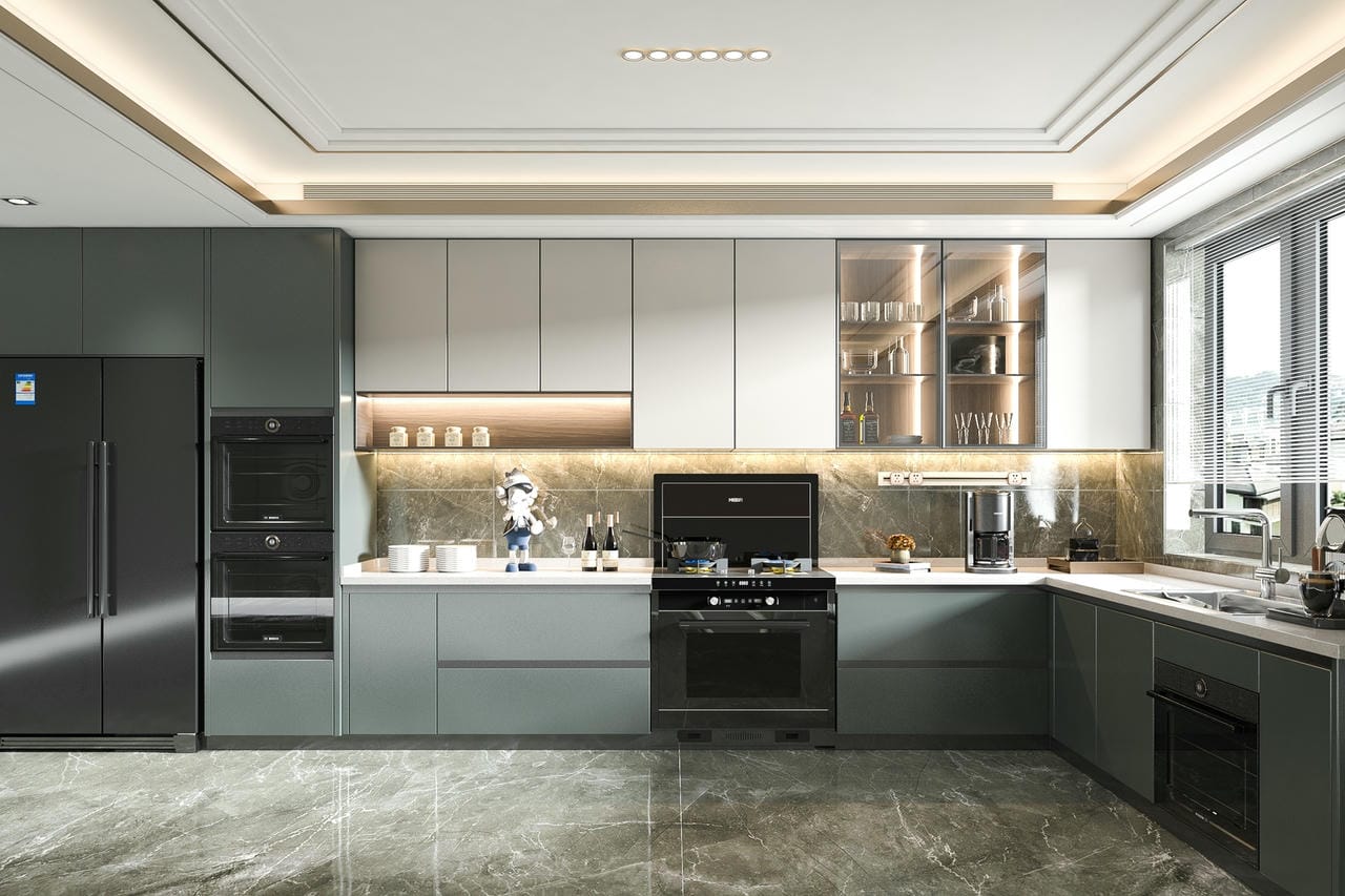 Tủ bếp gỗ công nghiệp chữ L hiện đại