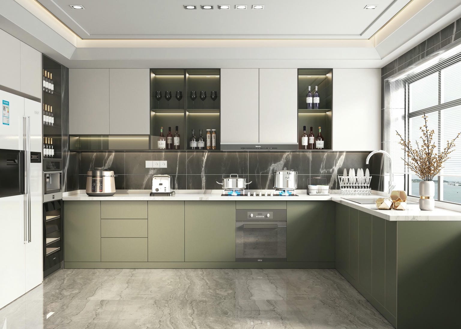 Tủ bếp hình chữ L tone màu xanh lá Tủ bếp hình chữ L tone màu xanh lá