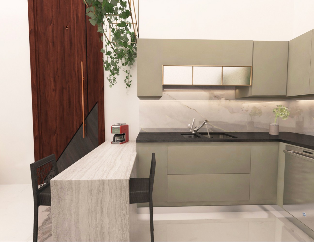 Tủ bếp mini kết hợp bàn ăn