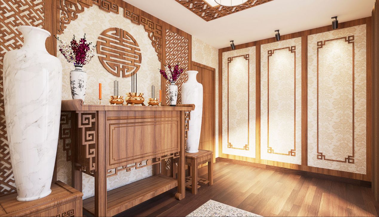Tủ thờ kết hợp trang trí mang tính thẩm mỹ