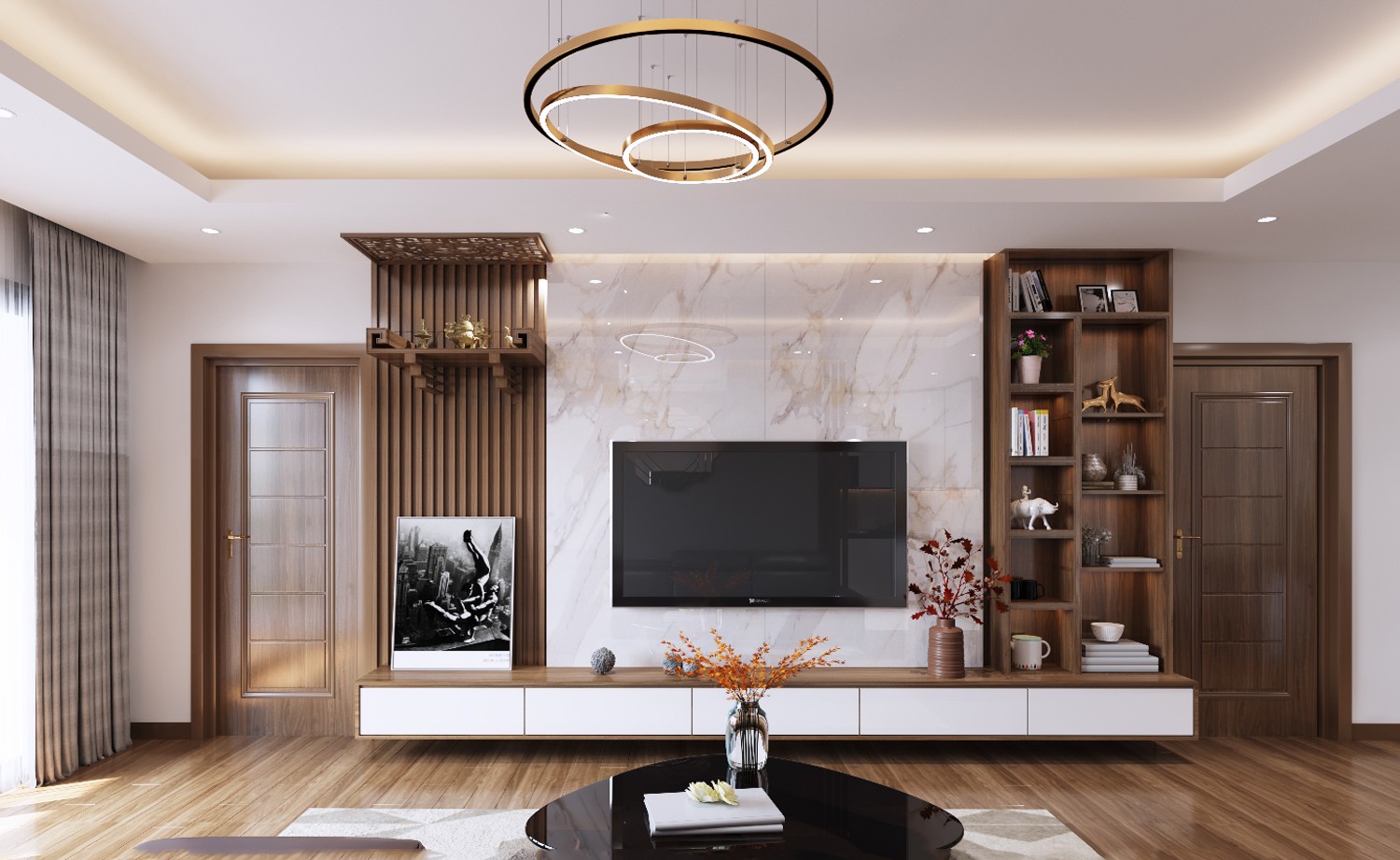 Vách ốp tivi kết hợp bàn thờ tinh tế Vách ốp tivi kết hợp bàn thờ tinh tế