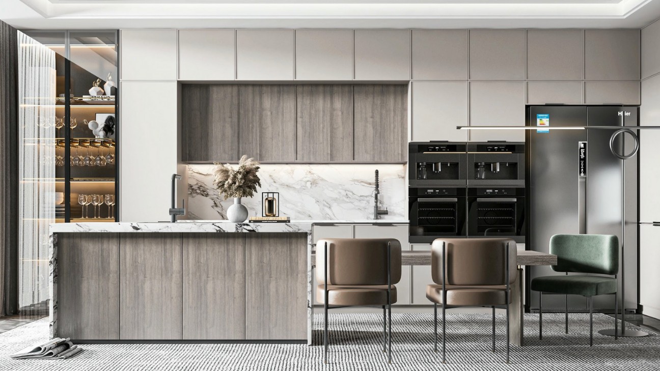 Tủ bếp melamine màu be nhẹ nhàng