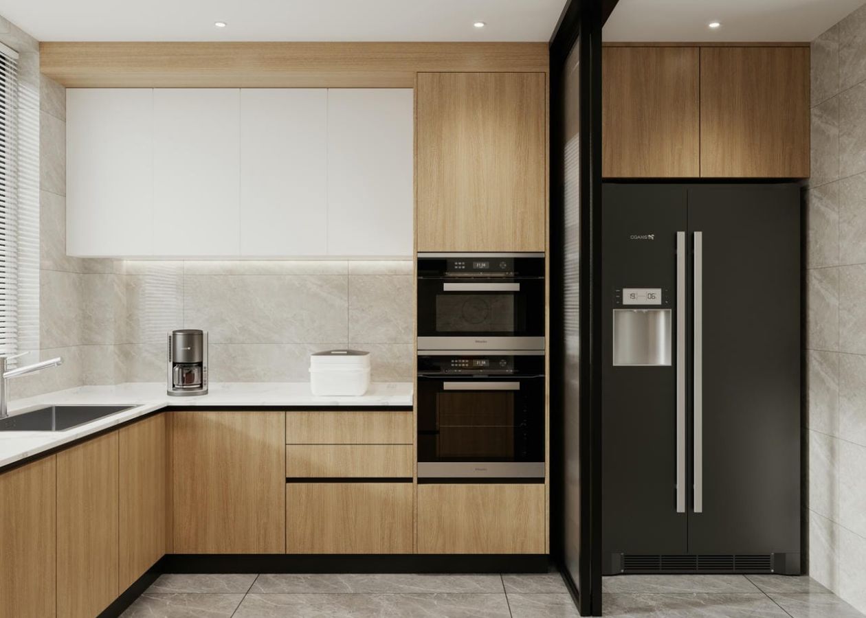 Tủ bếp ván gỗ polywood phủ laminate xinh đẹp