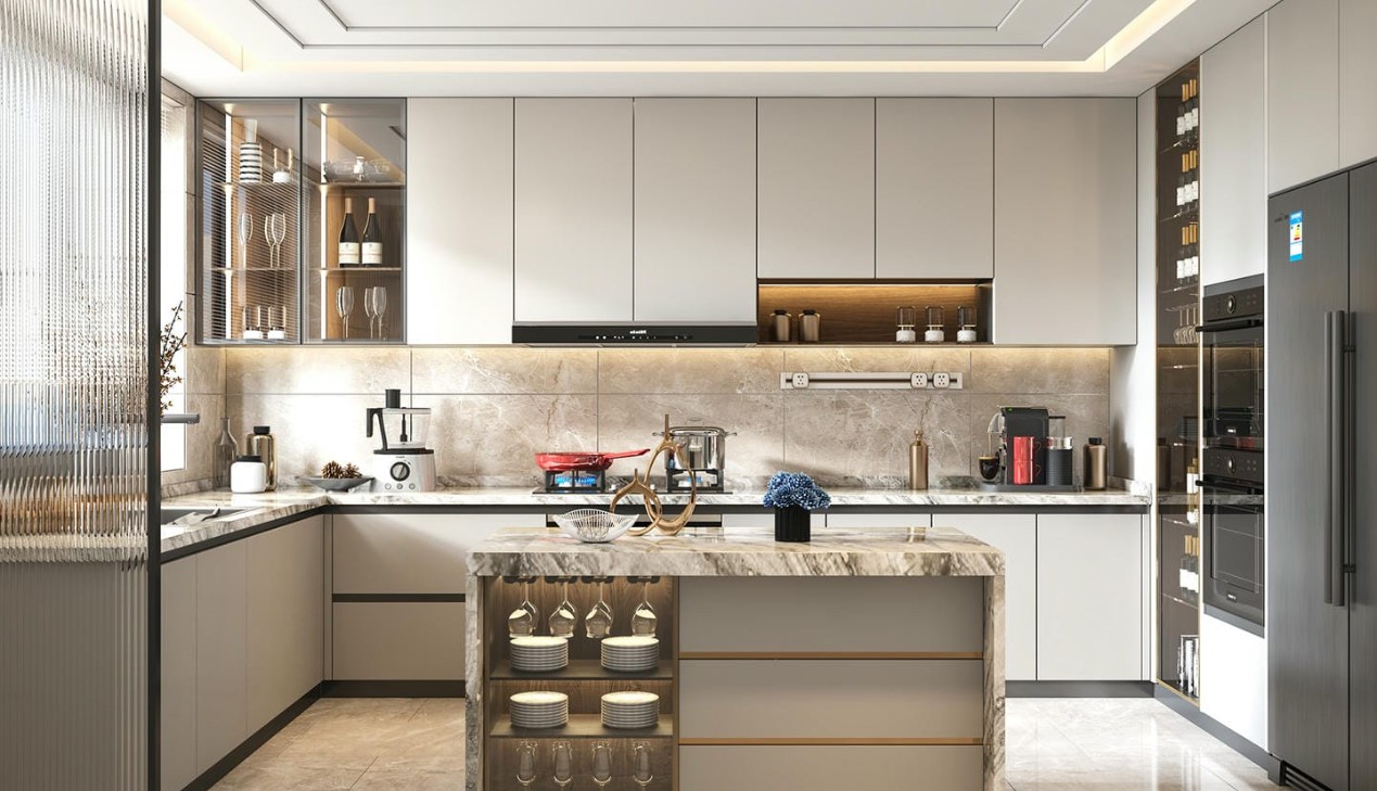 Bàn đảo tủ bếp có đèn trang trí