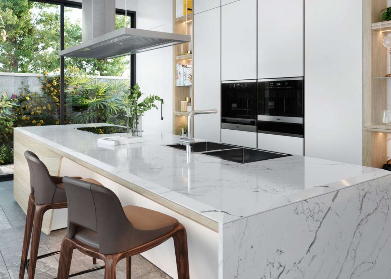 Đá Vicostone trắng vân mây cao cấp, bóng đẹp