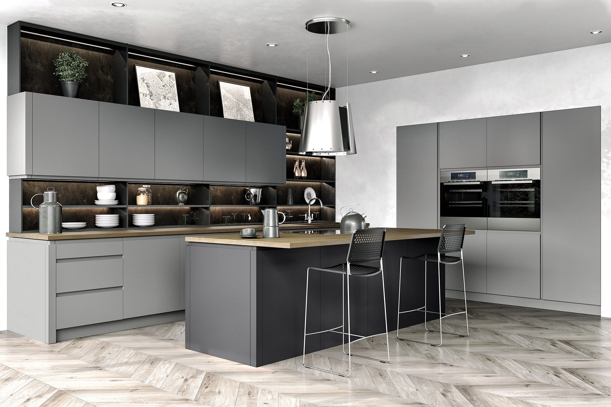 Decor tủ bếp nhôm màu xám hiện đại
