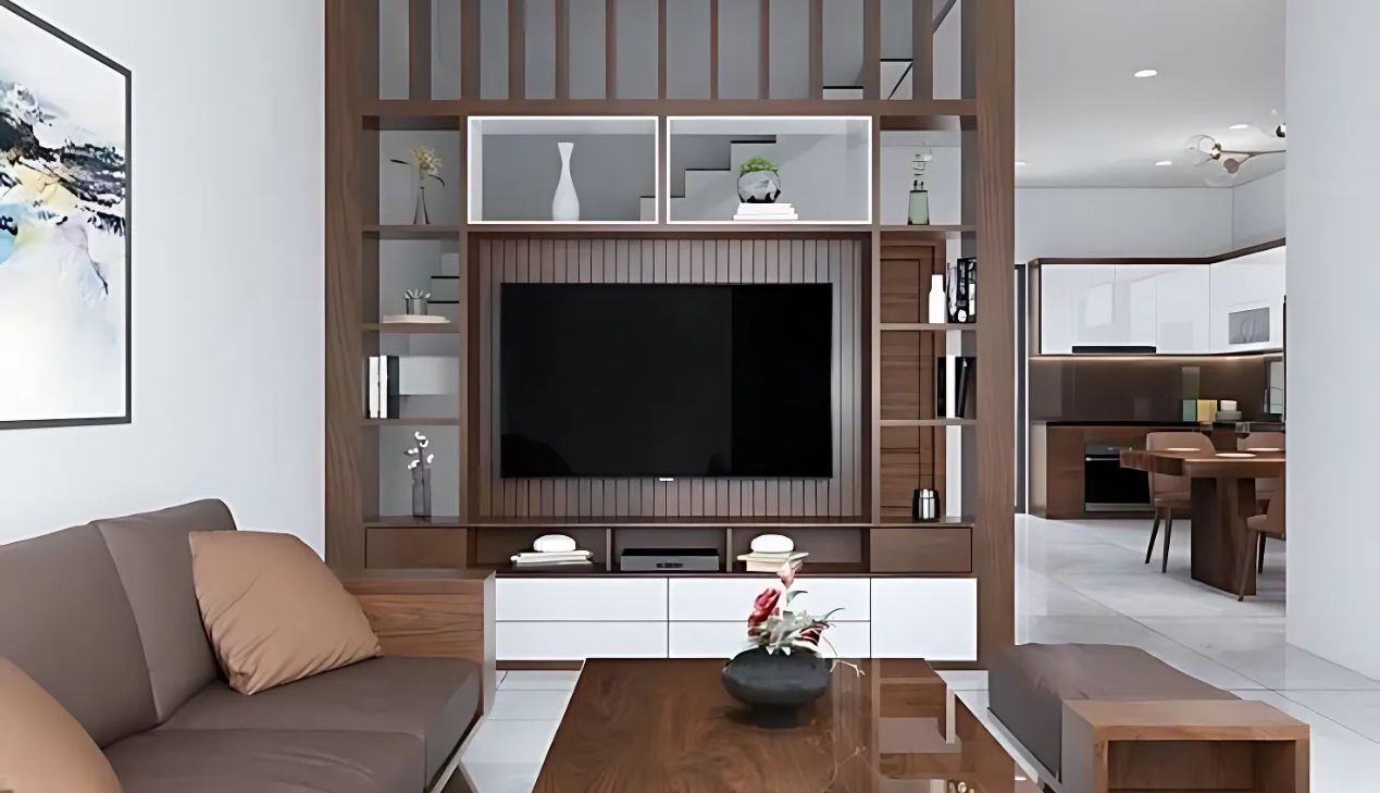 Kệ gỗ dạng mở phân vùng phòng khách