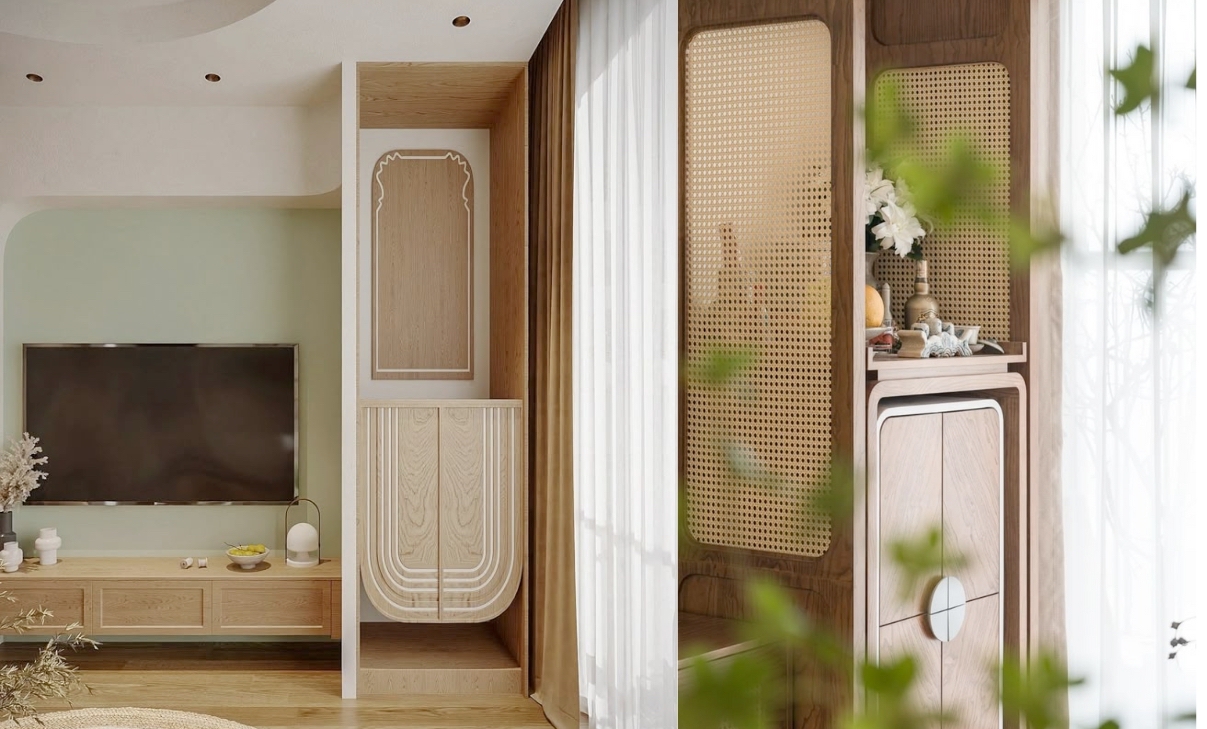 Kệ tivi kết hợp tủ trang trí bàn thờ có tủ chứa