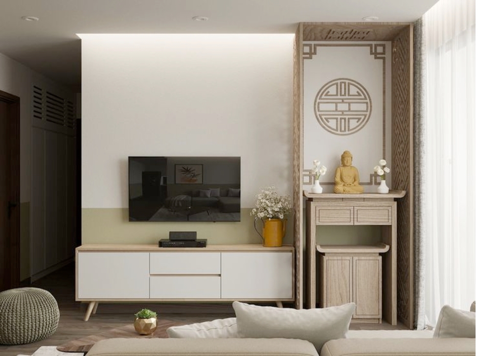 Kệ tivi kết hợp tủ trang trí bàn thờ góc cong