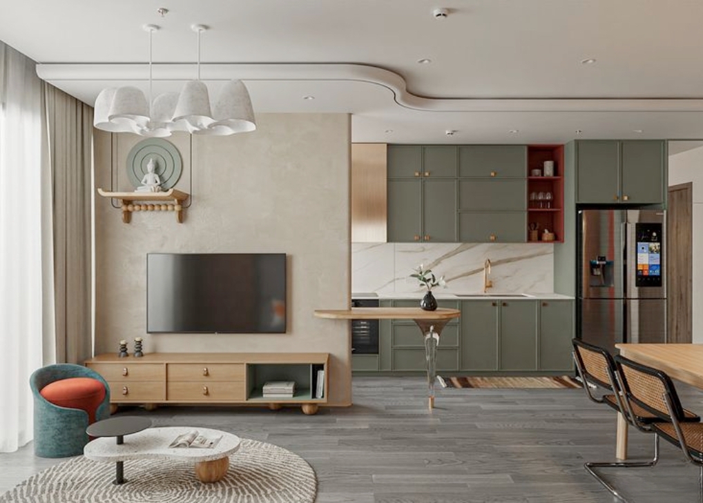 Kệ tivi kết hợp tủ trang trí bàn thờ góc trên TV