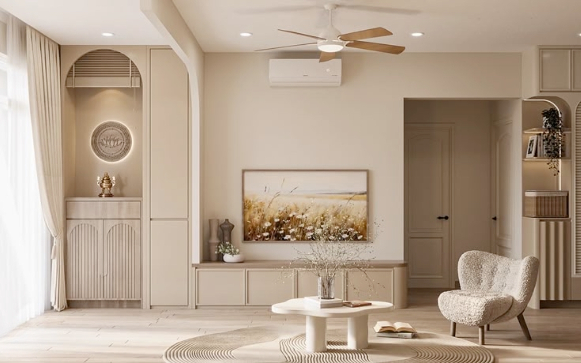Kệ tivi kết hợp tủ trang trí bàn thờ màu be