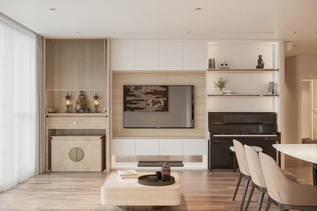 Kệ tivi kết hợp tủ trang trí bàn thờ minimalist