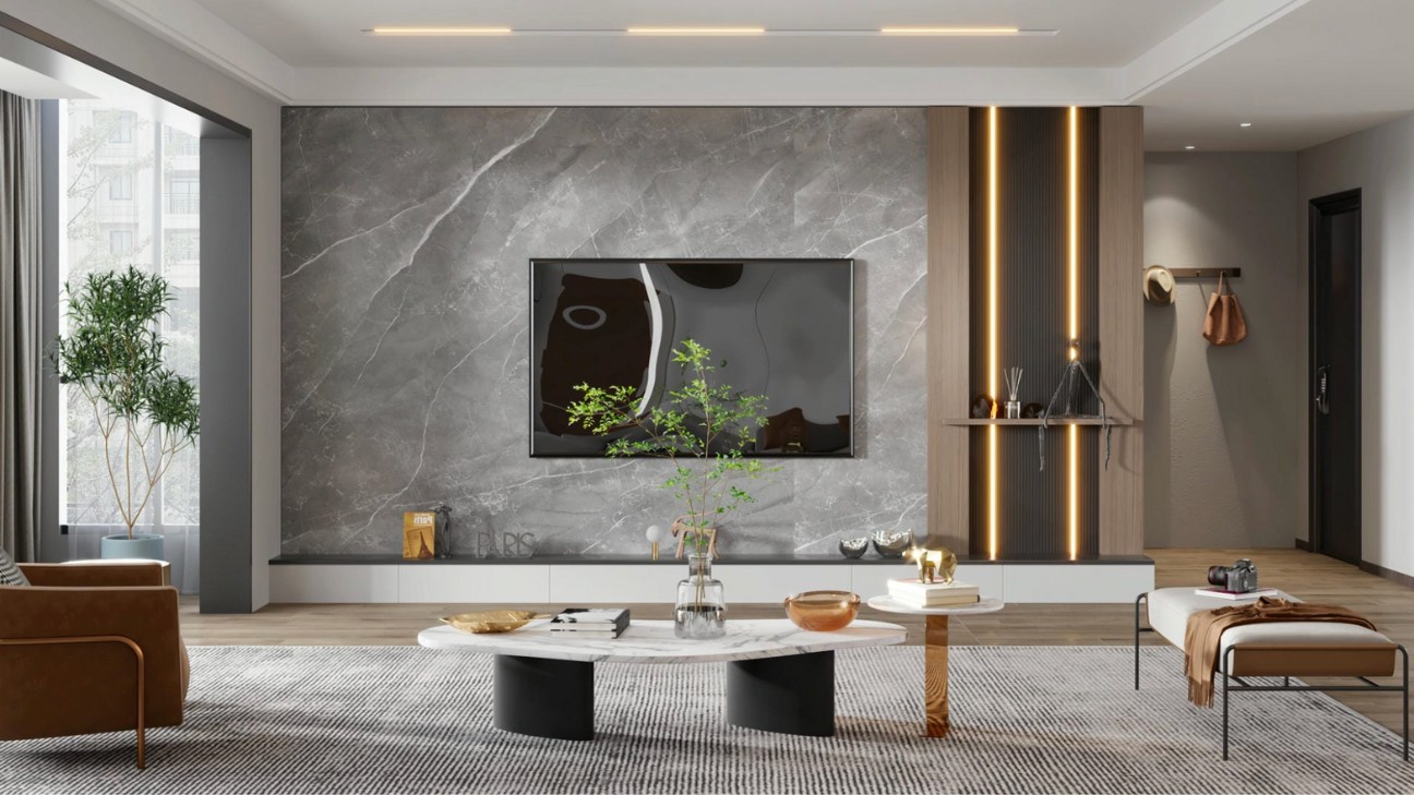 Kệ tivi ốp tường phòng khách có chi tiết đá marble