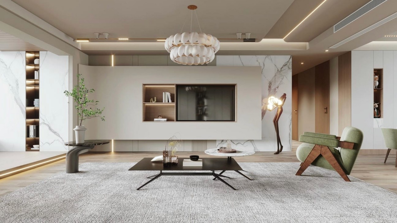 Kệ tivi ốp tường phòng khách có đá marble