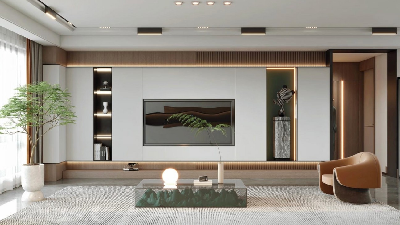 Kệ tivi ốp tường phòng khách có đèn LED
