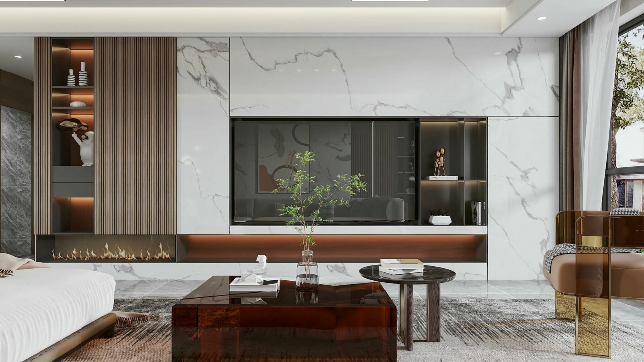 Kệ tivi ốp tường phòng khách có fireplace