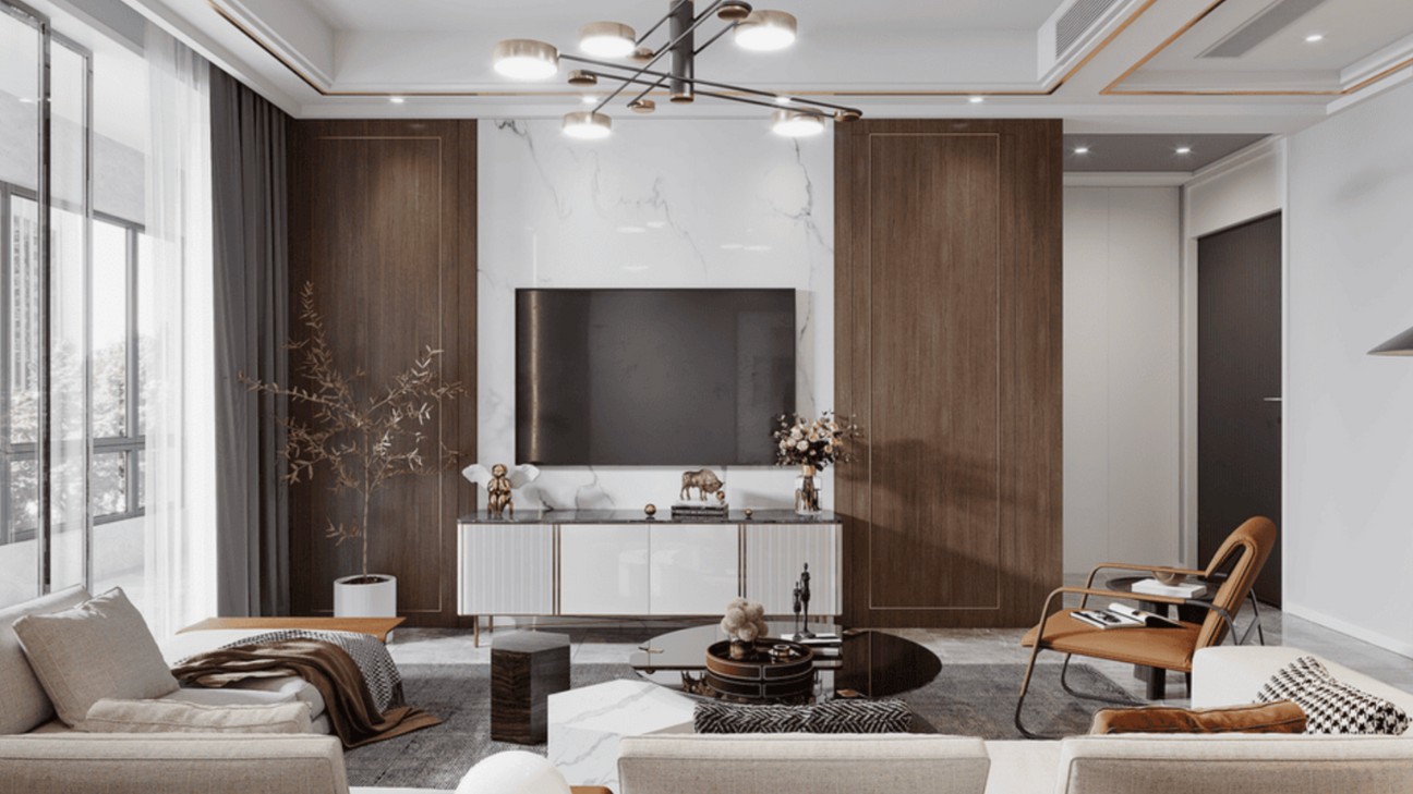 Kệ tivi ốp tường phòng khách gỗ tự nhiên